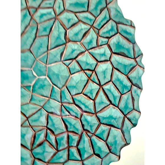 GLASS DECORATIVE DISH-Green Turquoise-Mosaic Pattern-Silver Back-12.5" Diameter - Picture 2 of 10